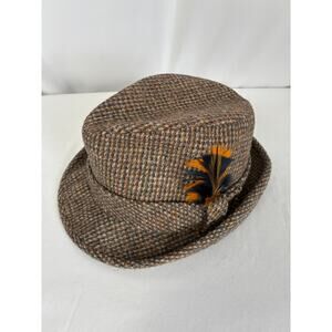 Vintage Pendleton Wool Fedora Hat 7 1/4 Brown Plaid Feather Tweed USA